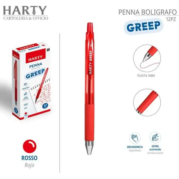 12x długopisy Greep z końcówką 1mm różne kolory szkolne biuro domowe (Czerwony)