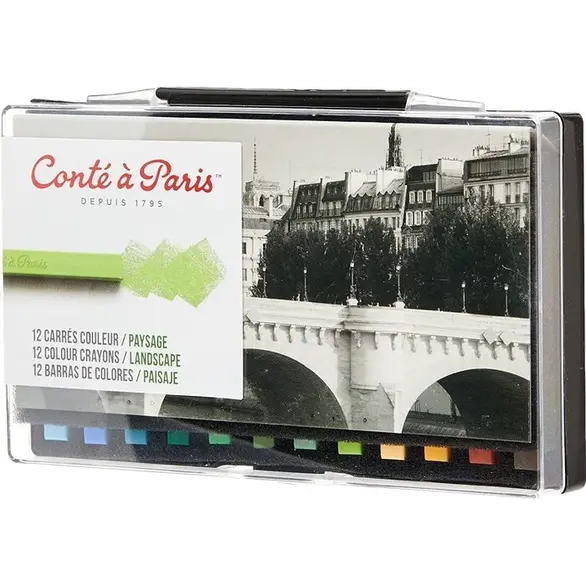 Zestaw 12 kredek Conté à Paris różnych kwadratowych kolorach pejzaży artystów
