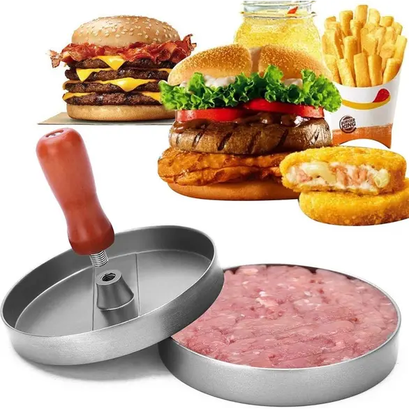 Aluminiowa forma do hamburgerów Drewniany uchwyt Prasa do mięsa z grilla Burger