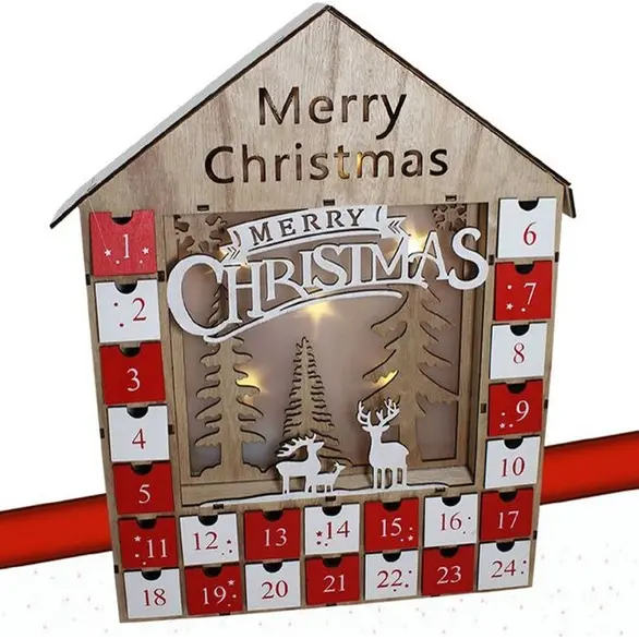 Świąteczny kalendarz adwentowy Dom drewniany z 24 szufladami i dekoracjami LED