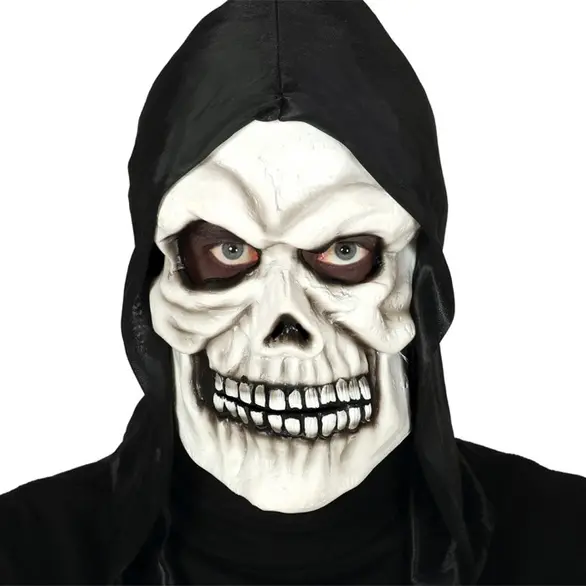 Maska karnawałowa z czaszką i szkieletem na Halloween z PVC z czarnym kapturem